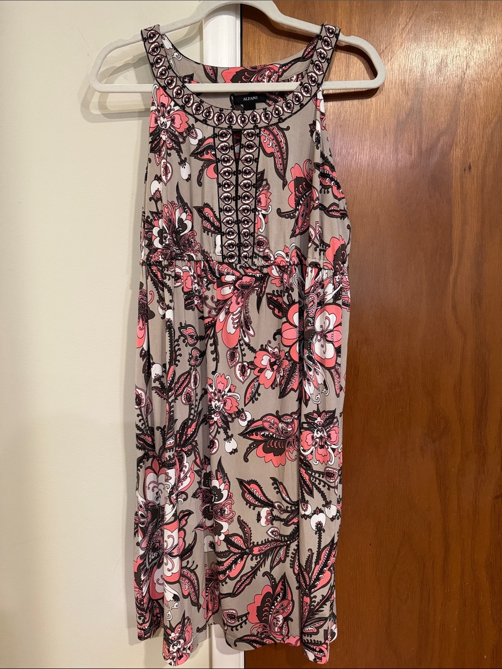 Alfani Taupe and Coral Floral Halter Dress with Beaded Neckline
